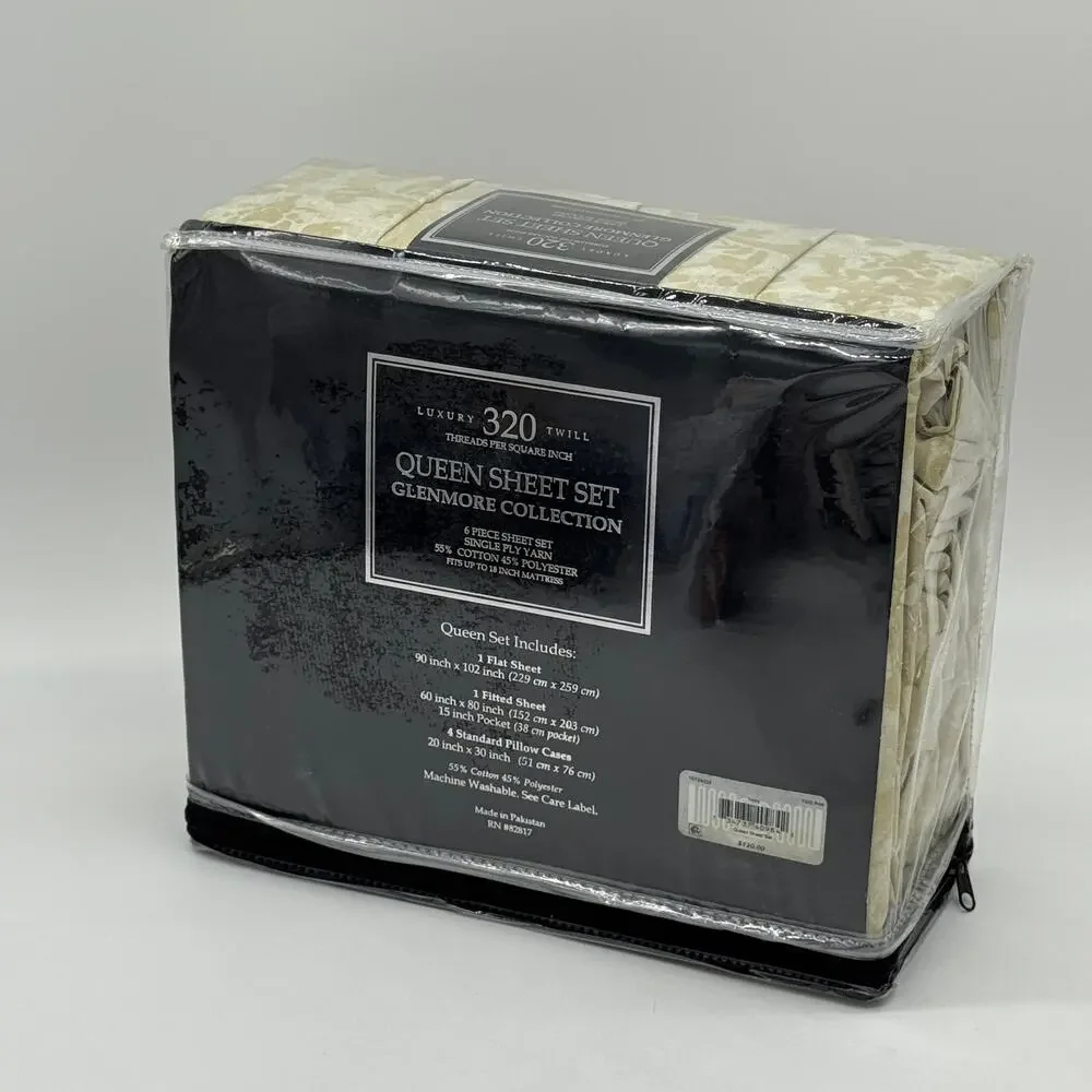 Glenmore Collection 6 pc QUEEN Sheet Set 320 Twill Damask Pattern NEW